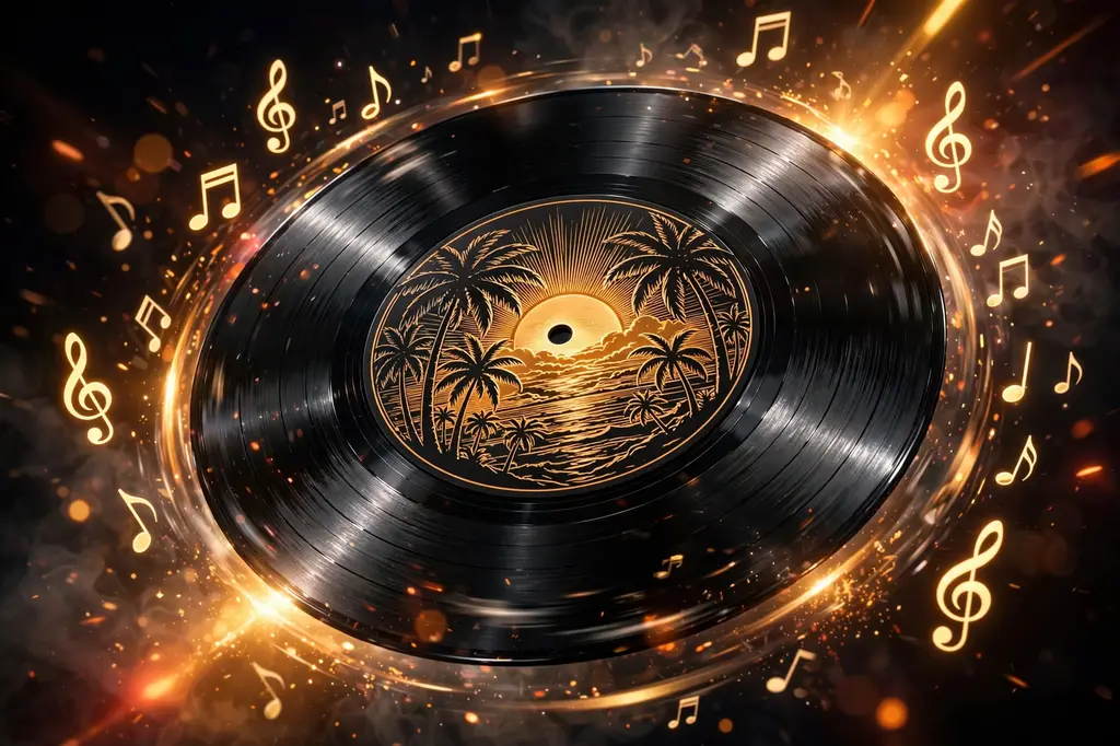 3D render of a spinning vinyl record with palm tree silhouettes and a golden sunset