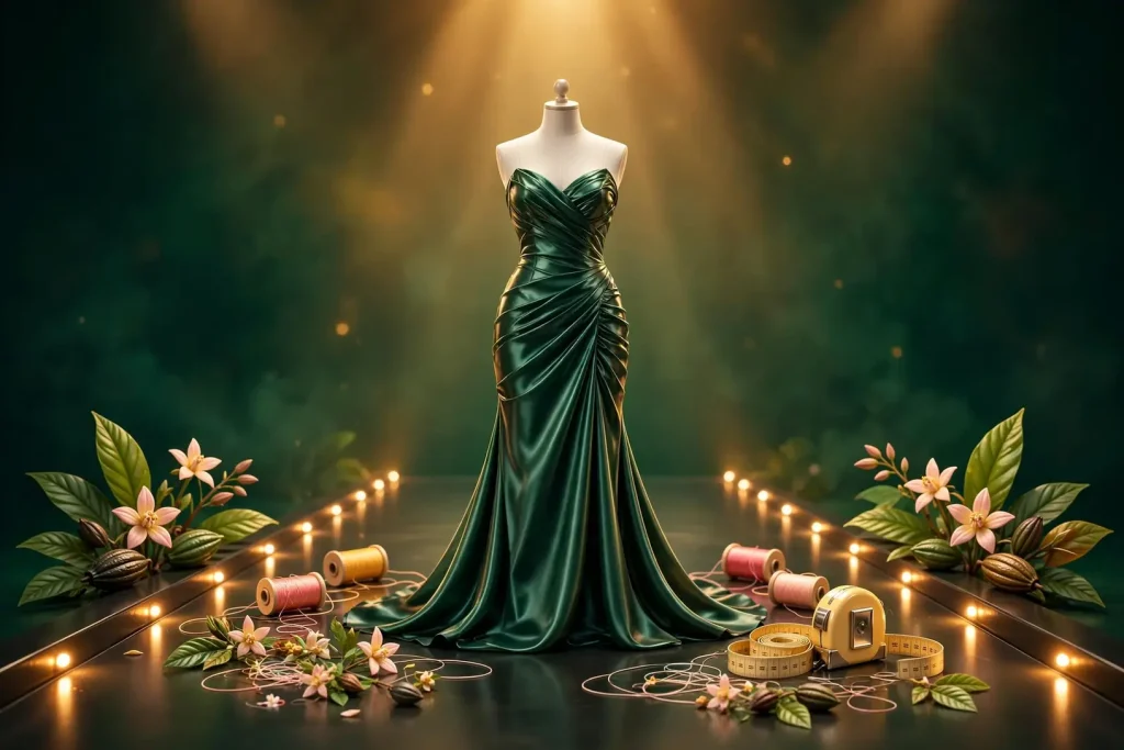 Glossy 3D illustration of a fashion runway with an elegant evening gown on a dress form, sewing threads, a tailor's tape measure, and tropical cacao flowers under warm spotlights