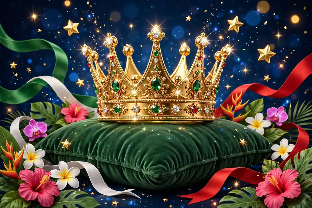 Glossy 3D render of a sparkling golden crown resting on a velvet cushion with floating stars, Mexican green-white-red ribbons, and tropical flowers on a midnight blue background