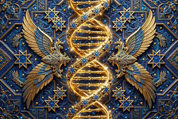 Vibrant 3D illustration of a glowing golden DNA helix with Assyrian star symbols and winged motifs, symbolizing FaZe Rug's Chaldean-Assyrian roots