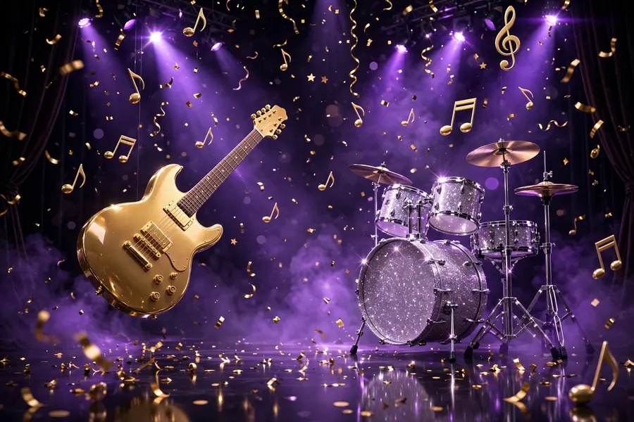 Glossy 3D render of a golden electric guitar and sparkling drum set under purple concert spotlights with musical notes and confetti