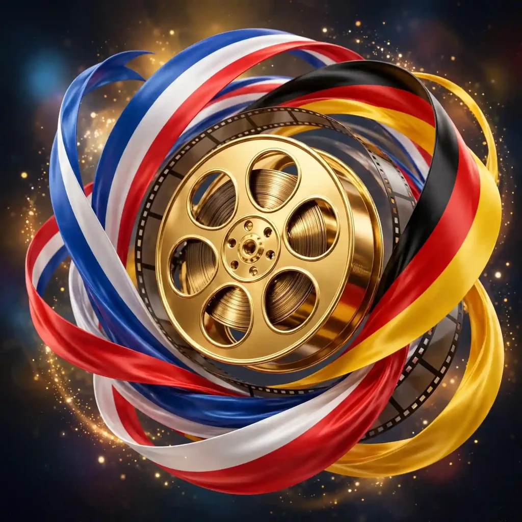 Glossy 3D render of French tricolor and German flag color ribbons swirling around a golden film reel