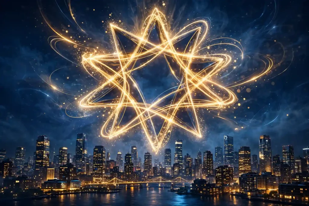 Glossy 3D illustration of a glowing geometric star motif over a night city skyline