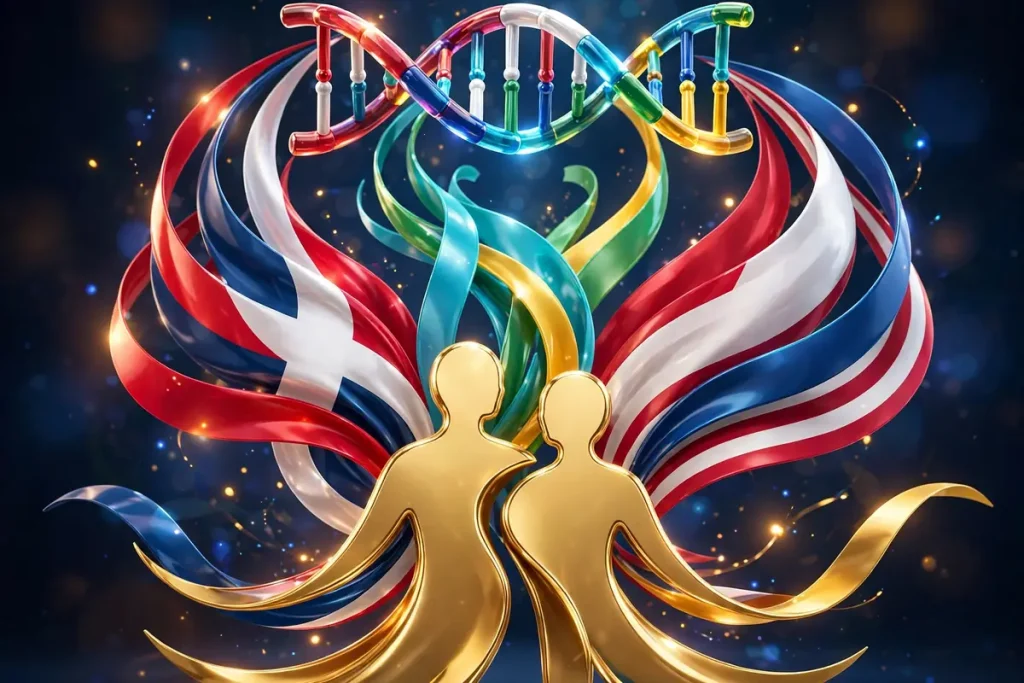 Glossy 3D render of golden family silhouettes with Dominican and Caribbean flag ribbons and a colorful DNA helix symbolizing Sydney Hightower's mixed African-American, Dominican, and Caucasian heritage