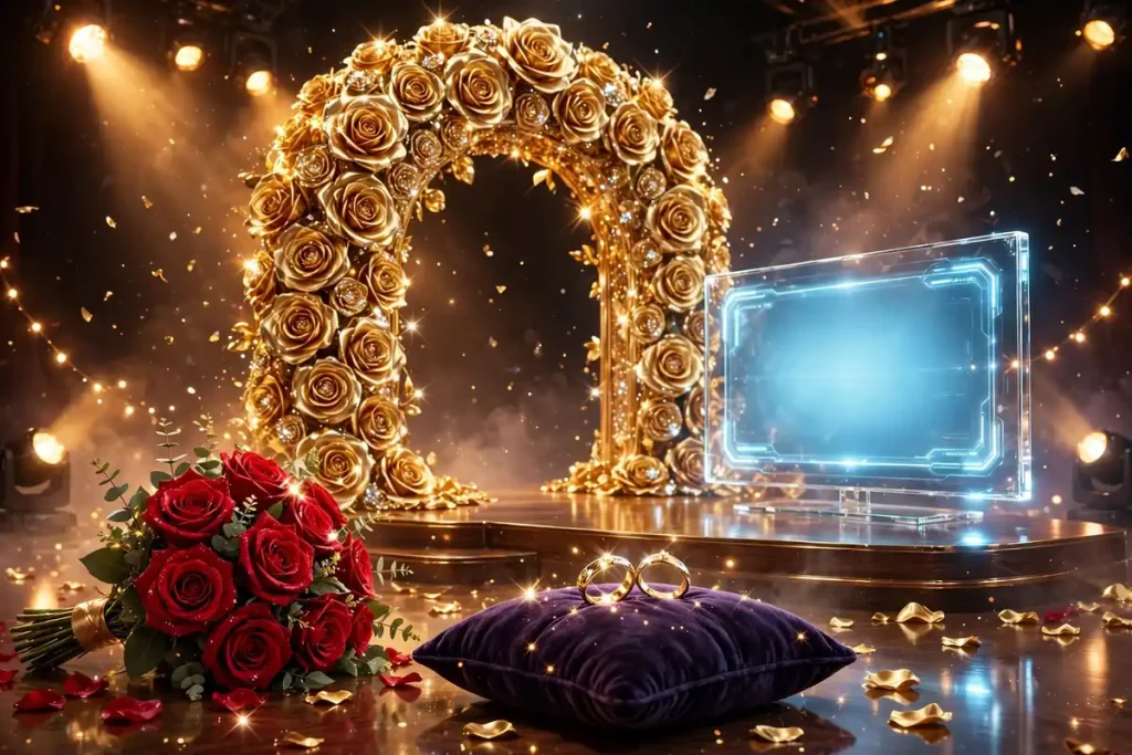 Vibrant 3D render of a rose ceremony stage with a golden rose bouquet, glowing screen, and wedding rings on a velvet cushion, evoking Sydney Hightower's Bachelor appearance