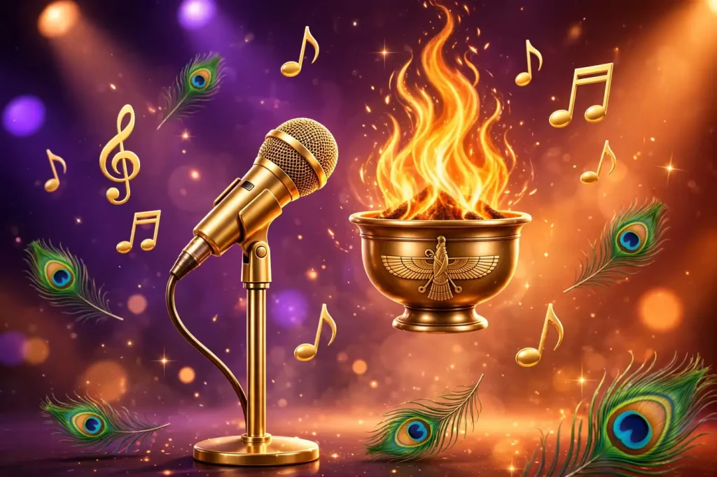 Glossy 3D illustration of a stage microphone on a stand with a golden Zoroastrian flame, floating gold music notes, and peacock feathers on a warm purple-to-orange background