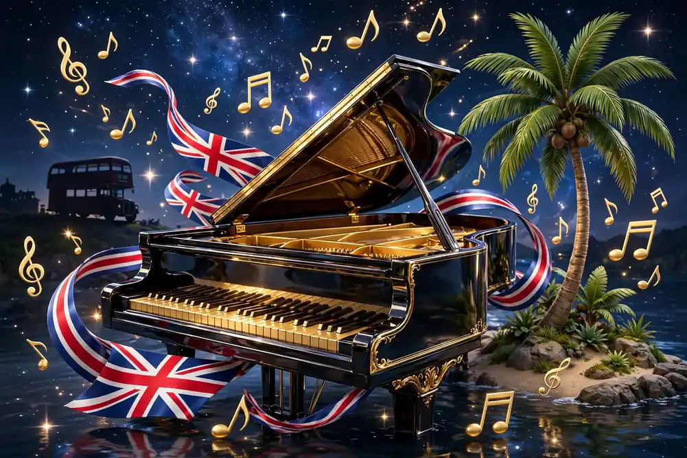 Glossy 3D render of a grand piano with golden keys, an African palm tree, and Union Jack colored ribbons with golden music notes under a starry night sky