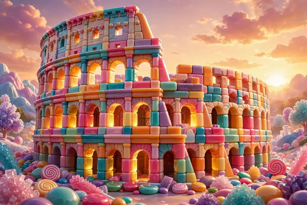 Glossy 3D illustration of a Roman colosseum built from glossy candy-like 3D blocks at sunset