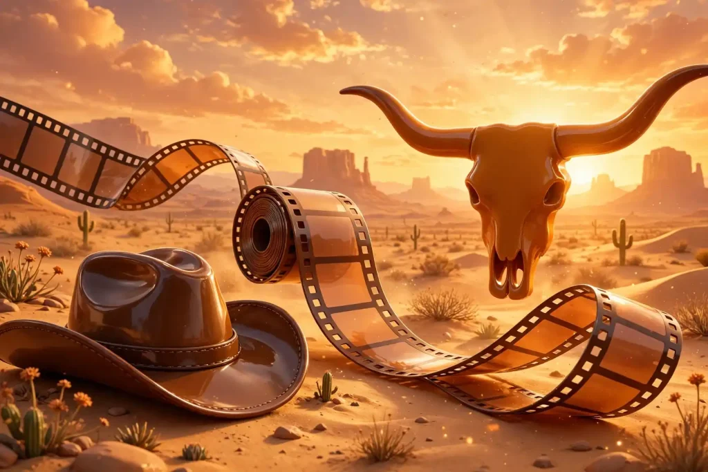 Glossy 3D render of a cowboy hat and longhorn silhouette with a film strip at a Texas desert sunset
