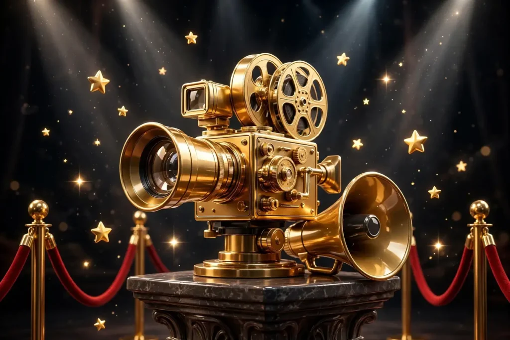 Eye-catching glossy 3D render of a vintage golden Hollywood film camera with a director's megaphone, stars, and red carpet ropes