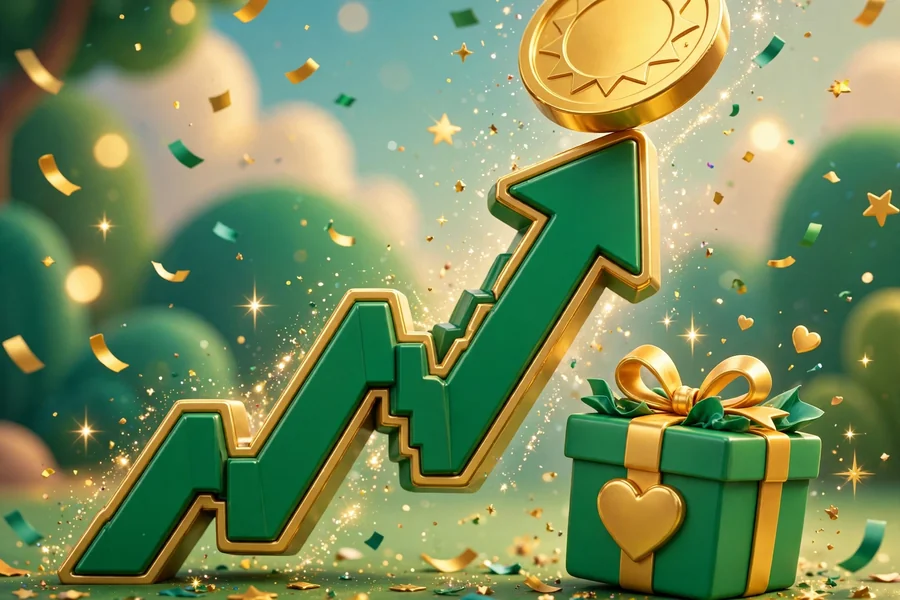 3D render of a golden coin on a rising chart with a charity gift box, representing George Soros