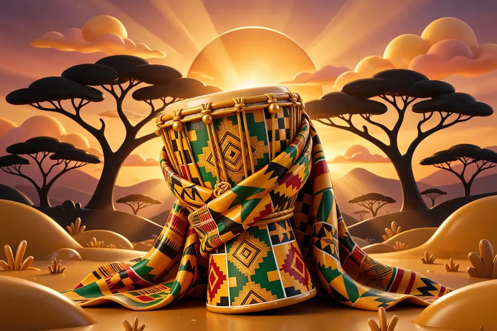 Colorful 3D illustration of kente-style geometric patterns wrapped around an African djembe drum with acacia tree silhouettes at sunset, symbolizing Giancarlo Esposito's African American mother's roots