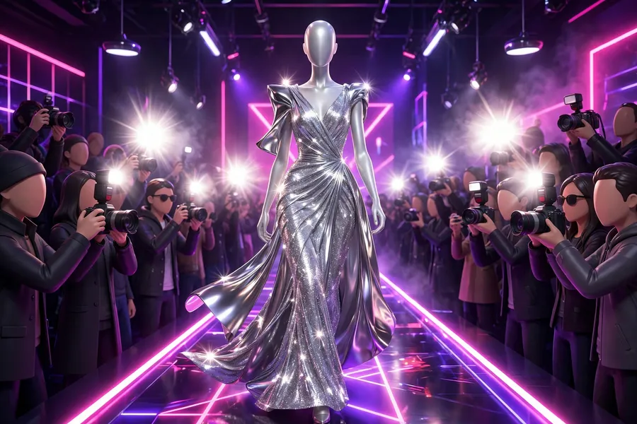 3D fashion runway scene with a stylized model in a shimmering silver gown under neon pink lights, inspired by Gigi Hadid