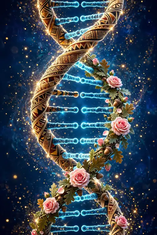 Vibrant 3D illustration of a glowing DNA helix with one strand in African tribal patterns and the other in English rose and German oak motifs