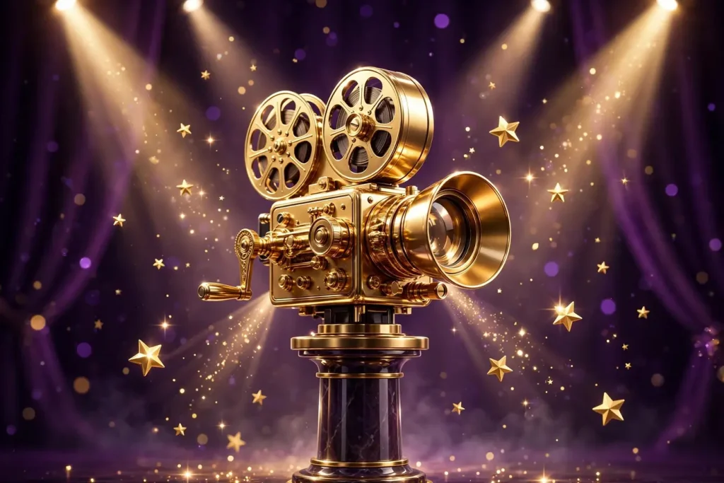 Eye-catching glossy 3D render of a vintage golden Hollywood film camera with spotlights and floating golden stars on deep purple