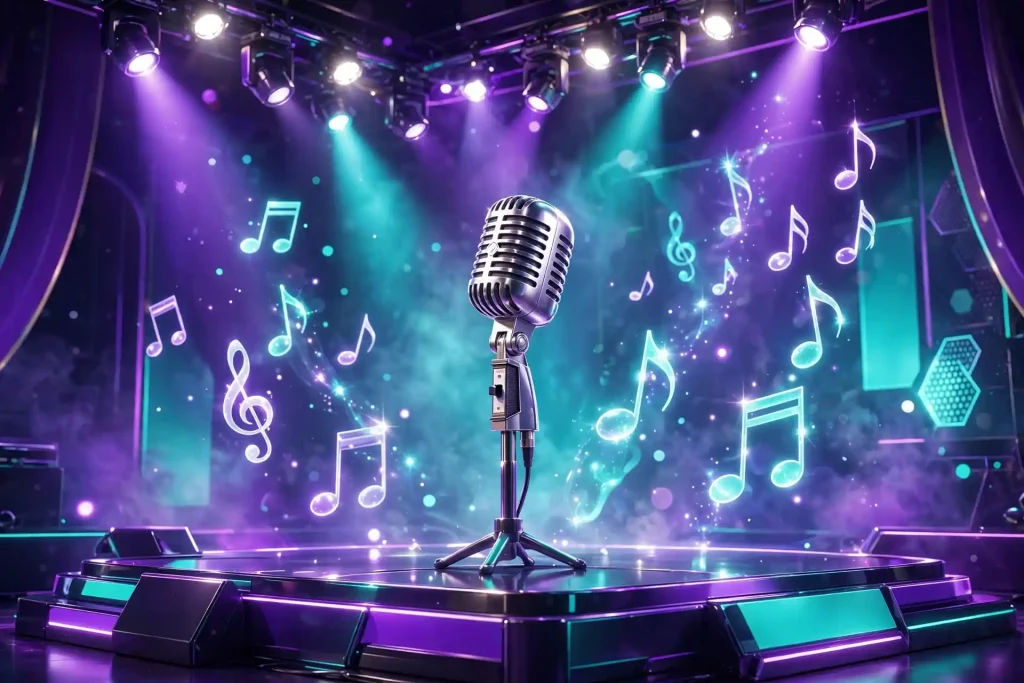 3D concert stage with glowing spotlights, vintage microphone and floating light notes
