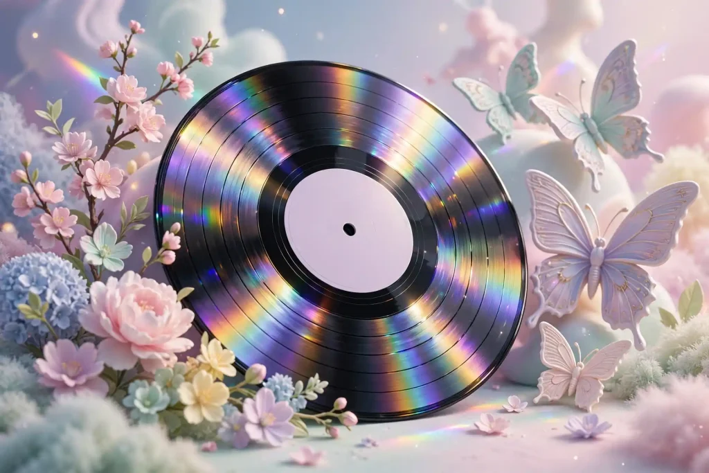 3D vinyl record catching rainbow light with flowers and butterflies