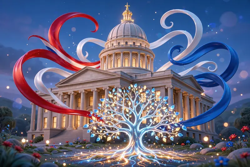 Vibrant 3D illustration of the Tennessee state capitol with flowing red, white, and blue ribbons and a family tree, symbolizing Harold Ford Jr.'s Memphis political roots