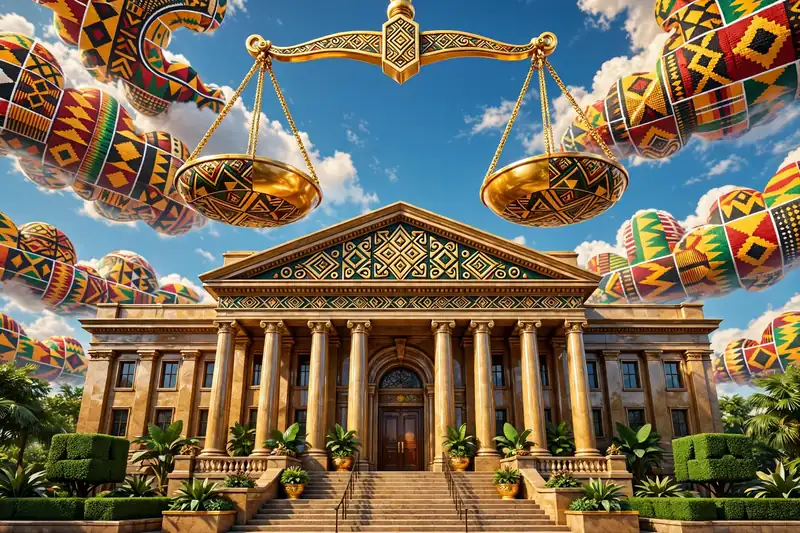 Eye-catching 3D render of a courthouse with balanced scales and African heritage motifs, representing Harold Ford Jr.'s civil rights legacy
