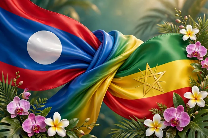 Glossy 3D illustration of Laotian and Ethiopian flag colors blending in silk ribbons with tropical orchids