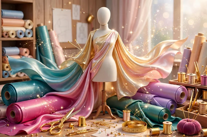 Glossy 3D illustration of a high-fashion design atelier with a dress form mannequin, fabric rolls, and golden tools