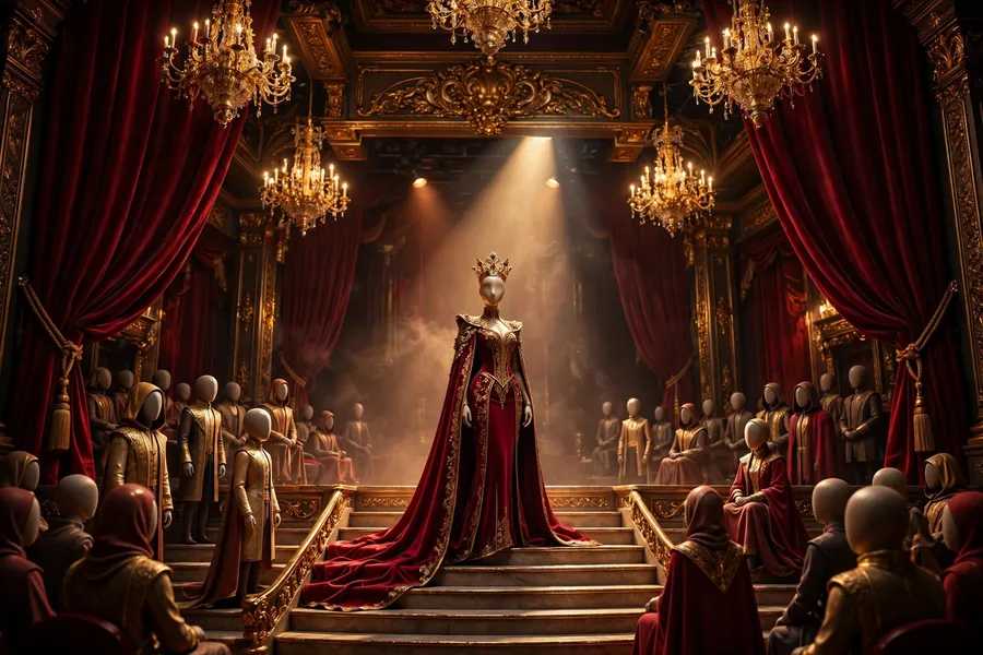 3D royal theater scene with an elegant actress figure on stage under golden chandeliers and red curtains, inspired by Helen Mirren
