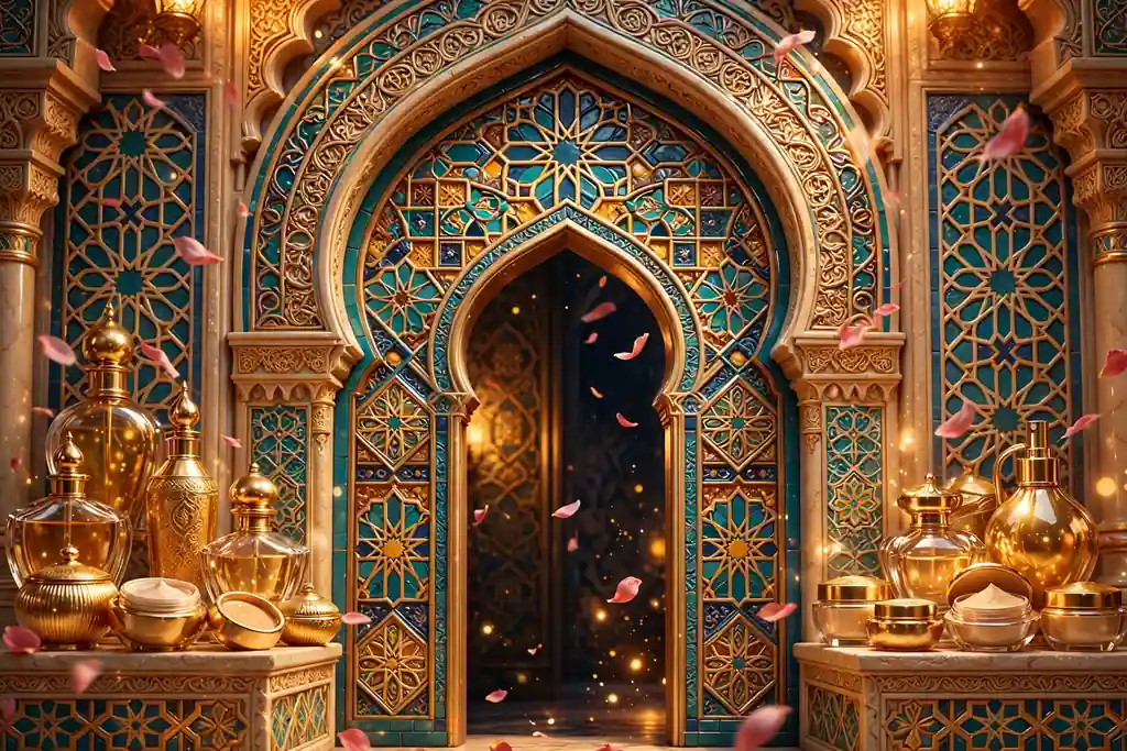 Vibrant 3D illustration of an ornate Middle Eastern arched doorway with geometric tile patterns, golden perfume bottles, and floating rose petals, symbolizing Huda Kattan's Iraqi roots