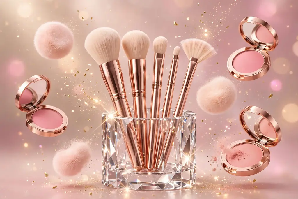Glossy 3D render of rose-gold makeup brushes in a crystal holder surrounded by powder puffs, blush compacts, and golden sparkles