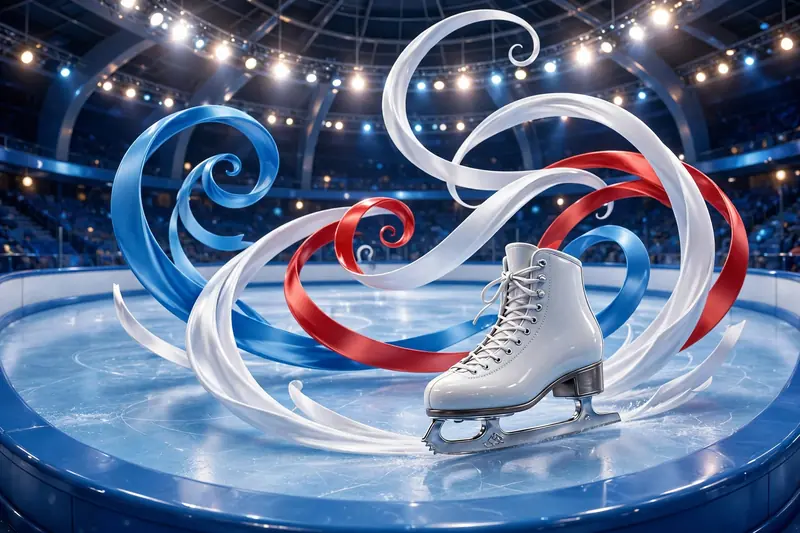 Vibrant 3D illustration of an ice rink with a figure skater silhouette and flowing Russian flag ribbons, symbolizing Ilia Malinin's Russian heritage