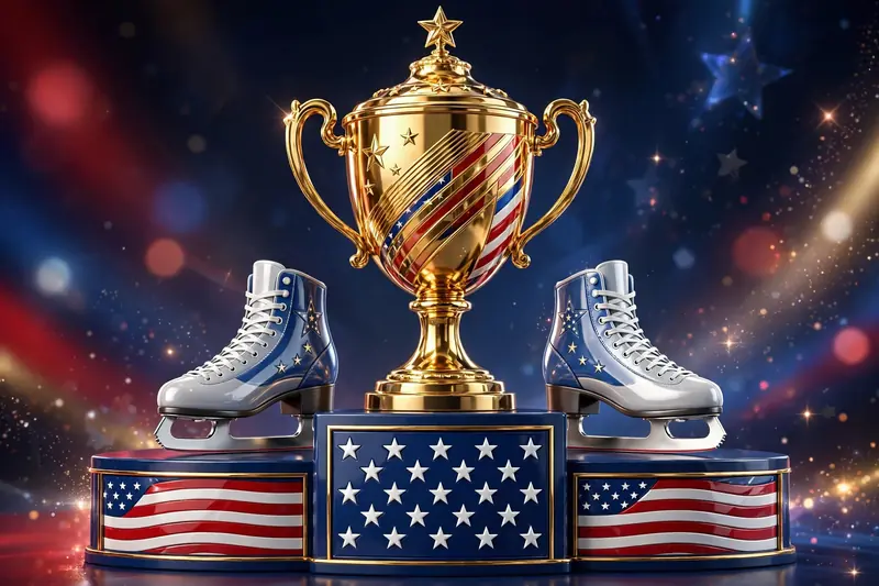 Eye-catching 3D render of a golden trophy with ice skates and American flag motifs, representing Ilia Malinin's World Championship success