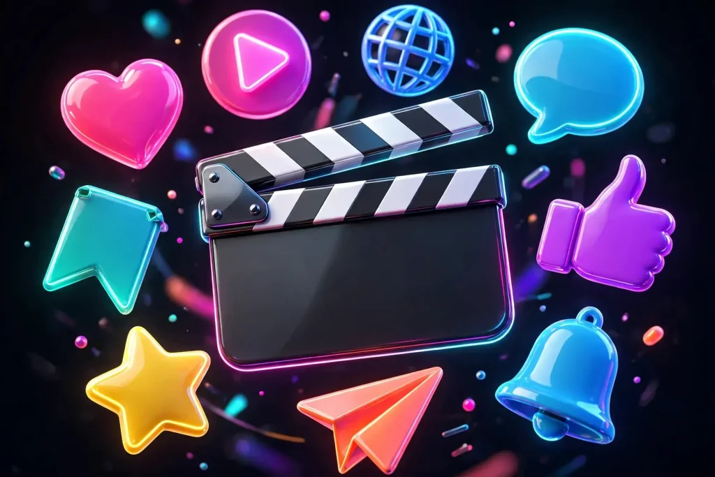 Glossy 3D illustration of a film clapperboard with glowing abstract social media icon shapes