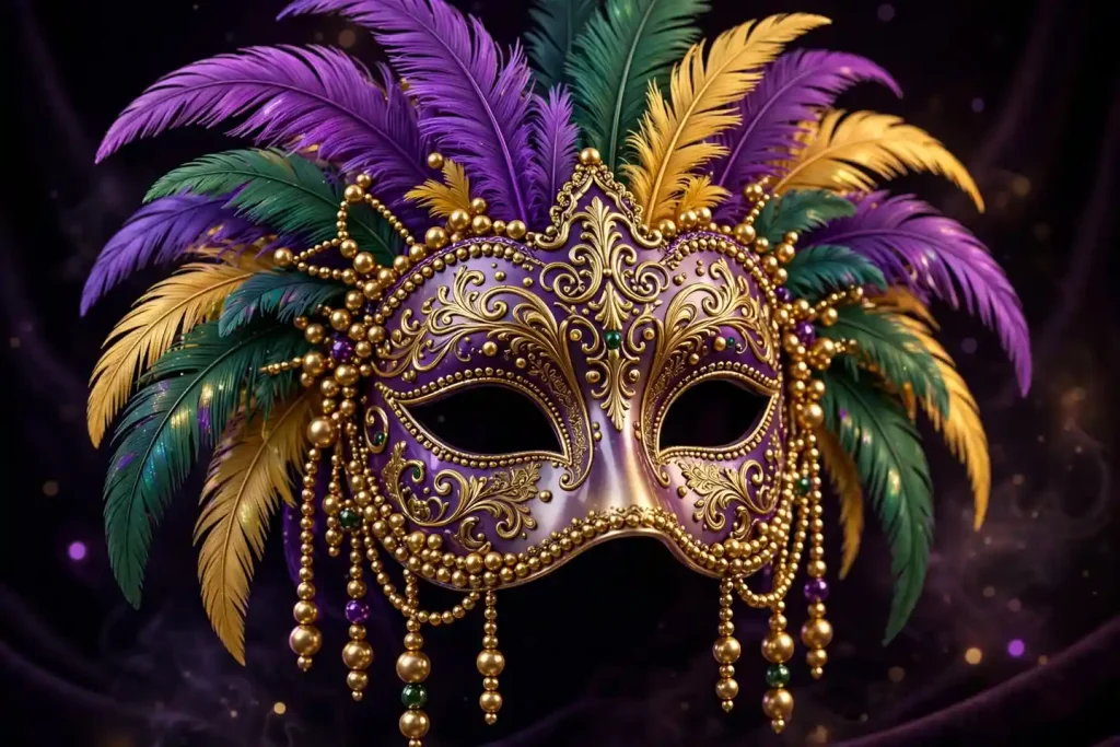 Glossy 3D render of an ornate carnival mask with colorful feathers and golden beads