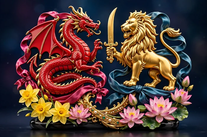 Glossy 3D illustration of a Welsh dragon and Sri Lankan lion emblems on silk ribbons with daffodils and lotus flowers