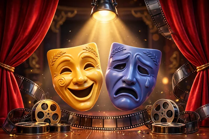 Glossy 3D illustration of a theatre acting theme with comedy and tragedy masks, a spotlight, and red curtains