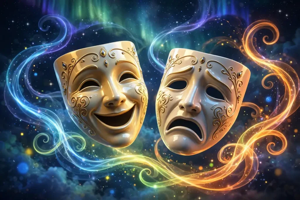 3D render of floating theater masks with colorful light ribbons representing Isa Briones' Swedish and Irish ancestry