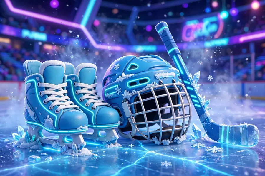 3D render of hockey gear resting on glowing blue ice, Jack Hughes NHL theme