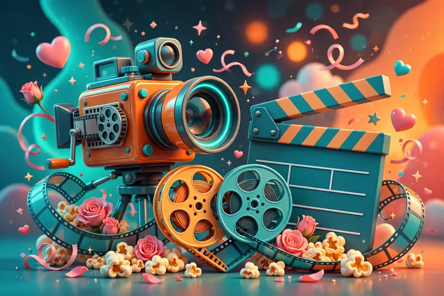 3D render illustration of a Hollywood film camera and clapperboard for the Jacob Elordi and Olivia Jade story