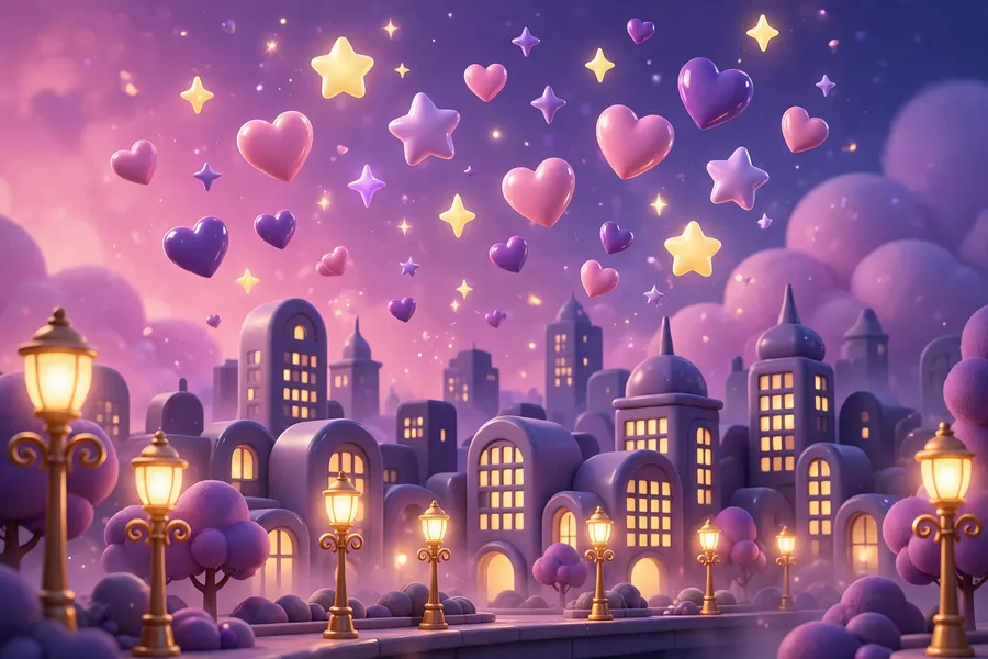 Dreamy 3D render of a romantic evening city skyline symbolizing the Jacob Elordi and Olivia Jade romance