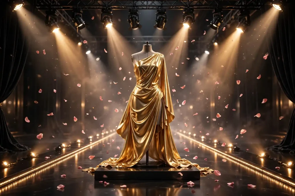 3D fashion runway with spotlights, mannequin dress form in gold fabric and rose petals