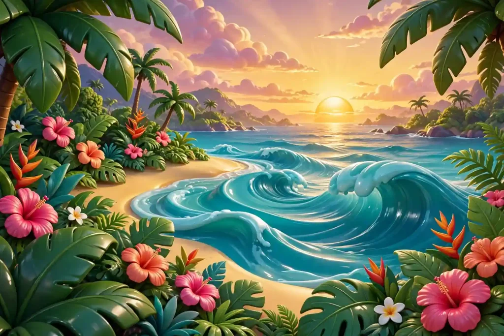 3D tropical paradise with palm leaves, hibiscus flowers and golden sunset over waves