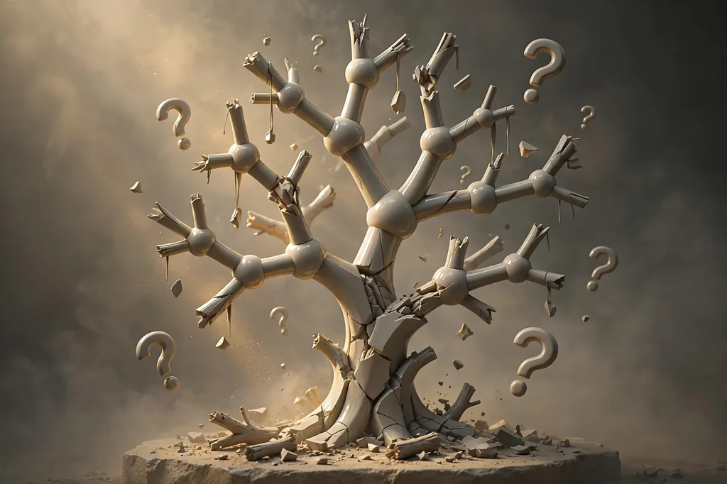 Abstract 3D render of a family tree with broken branches and floating question marks in muted gray and beige tones, somber documentary mood