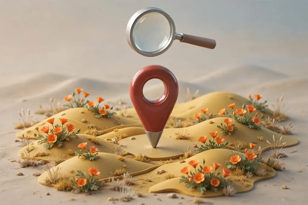 Glossy 3D render of a map pin over abstract California golden hills with poppy flowers and a hovering magnifying glass in documentary tones