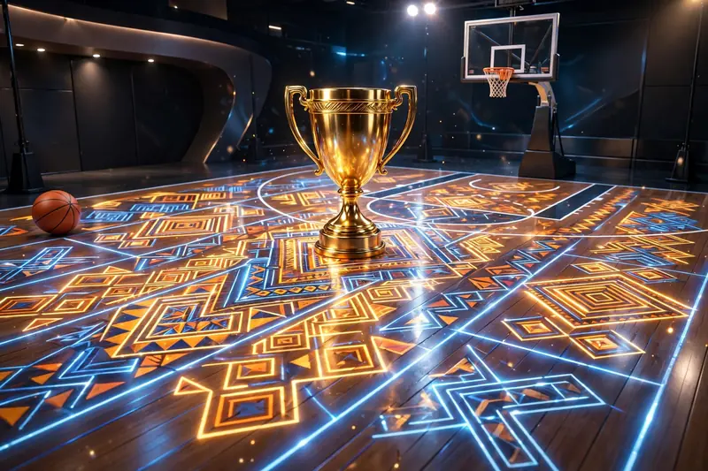 Eye-catching 3D render of a basketball court with a golden trophy and Yoruba-inspired patterns, representing Jazzy Davidson's USC career