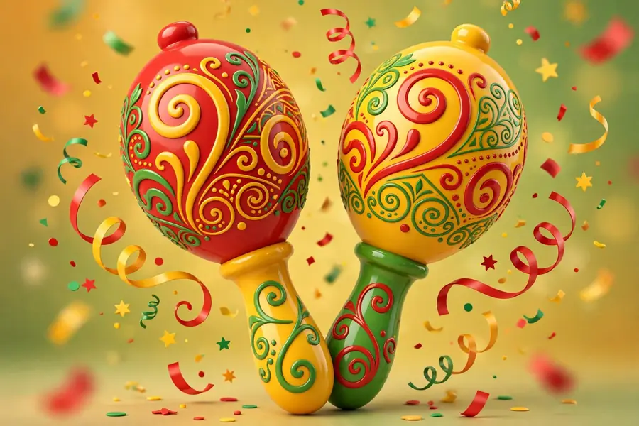 Glossy 3D render of maracas and Latin dance motifs in vibrant 3D colors