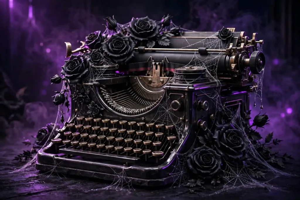 Glossy 3D illustration of a vintage typewriter with black roses and cobweb motifs