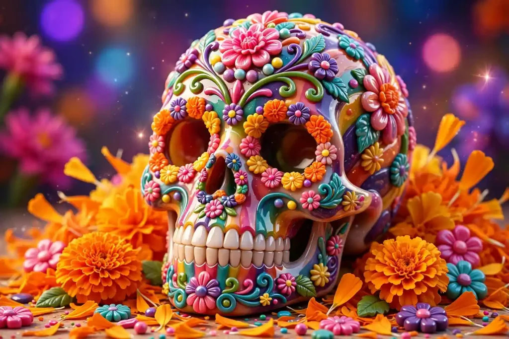 Glossy 3D render of a glossy candy Mexican sugar skull with marigold petals