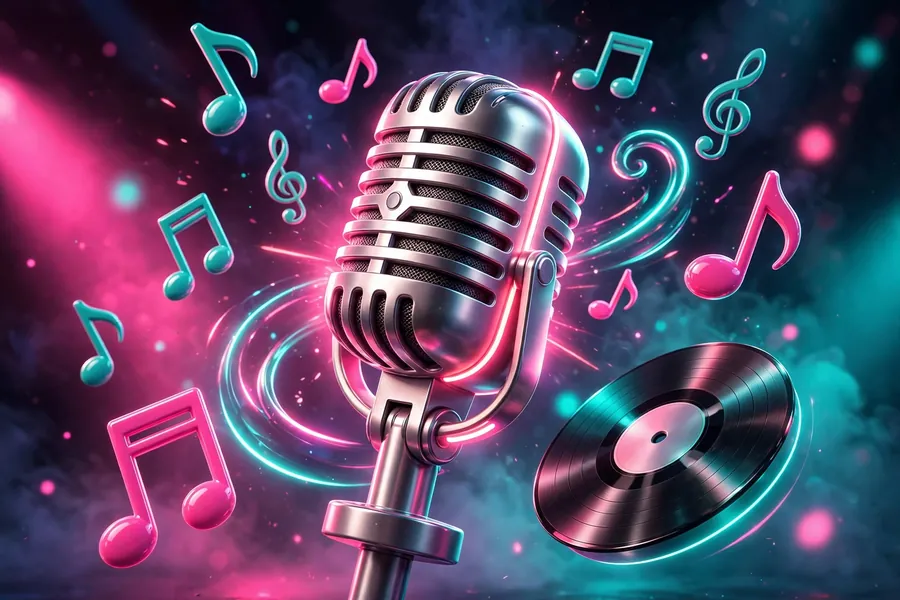 3D illustration of two microphones and musical notes, themed on the Jennifer Aniston and Taylor Swift music connection