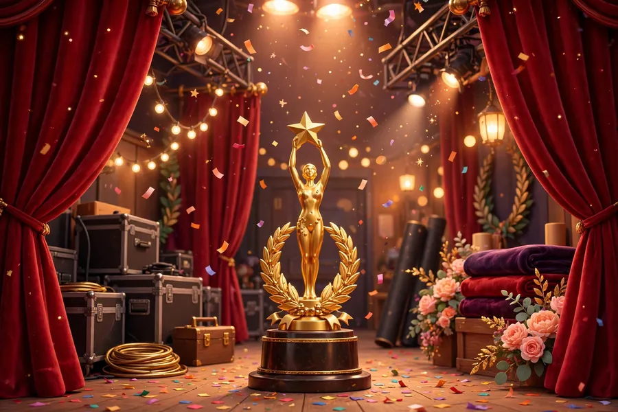 3D illustration of a stylized backstage awards moment with spotlights, themed on Jennifer Aniston and Taylor Swift's 2011 encounter