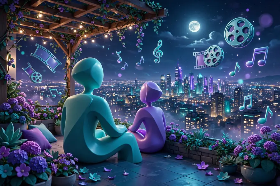 3D render of a romantic rooftop scene at night illustrating the Jennifer Lopez and Ben Affleck romance
