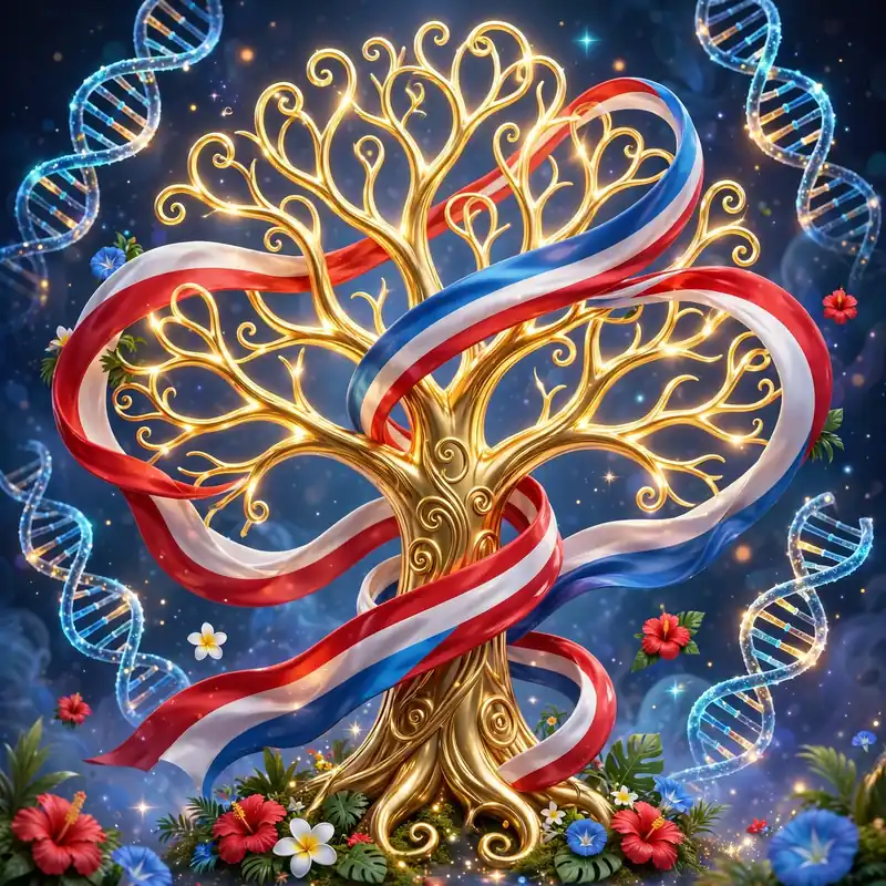 Vibrant 3D illustration of a golden family tree wrapped in red, white and blue Puerto Rican flag ribbons with DNA helix spirals and tropical flowers